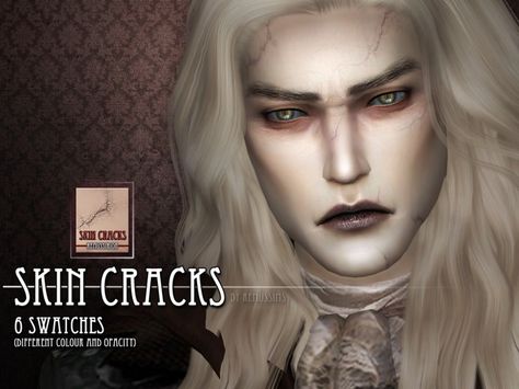 These skin cracks are inspired by the character Alucard from Castlevania:Lords of Shadows 2  Found in TSR Category 'Sims 4 Female Skin Details' Sims 4 Remussirion, Remussirion Skin, Castlevania Lord Of Shadow, Sims 4 Cas Mods, Lord Of Shadows, The Sims 4 Skin, Makeup Cc, Pelo Sims, Skin Details