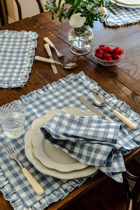 Scalloped Plates, Gingham Linen, Linen Tableware, Luxury Tableware, Linen Tablecloth, My Dream Home, Denim Blue, Cozy House, Home Deco