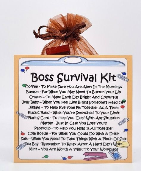 Alternative Sentiments - More Than Just a Greetings Card Boss Survival Kit ❤ A GIFT AND GREETINGS CARD ALL IN ONE ❤ ❤ PERFECT CHRISTMAS GIFT / SECRET SANTA / STOCKING FILLER ❤ ❤ ALL CONTENTS INCLUDED ❤ ❤ FREE PERSONALISATION AND FREE 2ND CLASS POSTAGE TO UK ❤ ❤   A UNIQUE GIFT, HANDMADE TO ORDER AND DISPATCHED WITHIN 24/48 HOURS ❤ Ideal Keepsake/ Birthday Gift/ Thank You / Employee Appreciation Gift for the Boss Presented in a beautiful organza bag, your handmade gift contains all of the listed New Job Survival Kit, Great Employee, Veterinary Receptionist, Vet Life, Survival Kit Gifts, Bosses Day, Bosses Day Gifts, Secret Santa Presents, Boss' Day