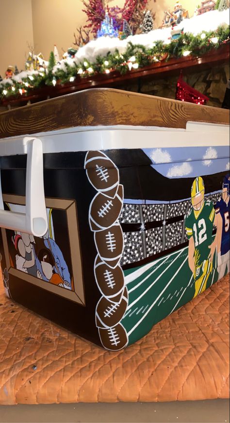 Mountain Weekend Cooler, Painted Fraternity Coolers, Painting Football, Nola Cooler, Football Paintings, Formal Cooler Ideas, How To Paint Camo, Fraternity Coolers, Diy Cooler