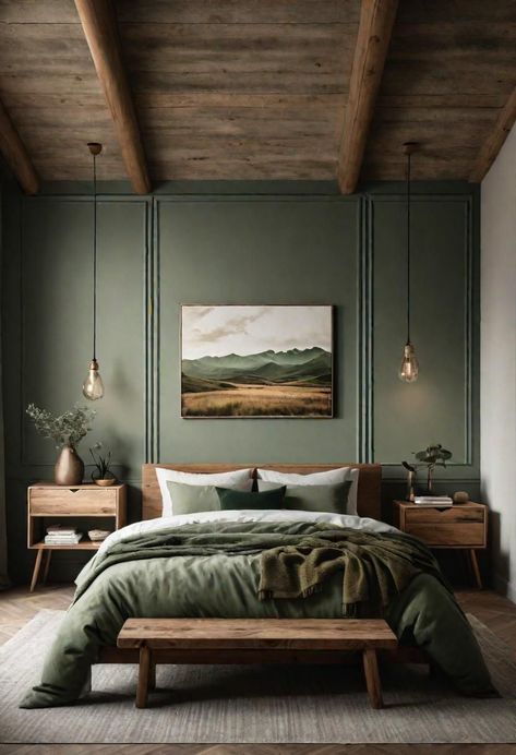 Green Bedroom Walls, Green Bedroom Decor, Earthy Bedroom, Sage Green Bedroom, Green Bedroom, Green Rooms, Bedroom Green, Master Bedrooms Decor, Room Inspiration Bedroom