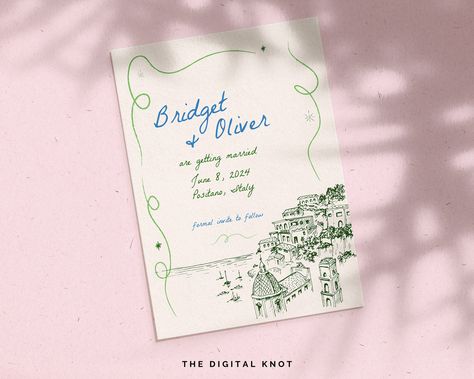 Spanish Vibes, Amalfi Wedding, 2025 Wedding, Hand Drawn Wedding, Save The Date Template, Wedding Announcement, Save The Date Templates, Garden Party Wedding, Coastal Wedding