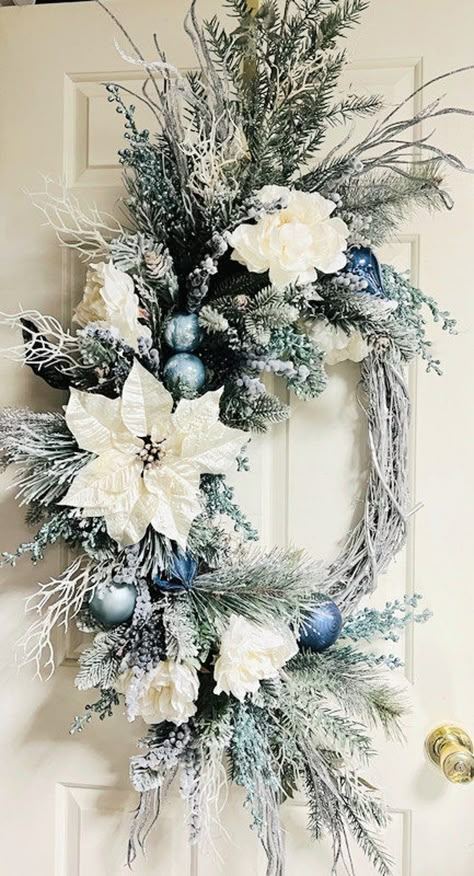 Sold-custom Order XXL Elegant White Peony Blue Glass Ornament Cascade Wreath White Silk Poinsettia Flocked Evergreen Double Door Wreath - Etsy Classy Xmas Decor, White Christmas Wreath Ideas, January Wreath Ideas, Non Christmas Winter Decor, White Winter Wreath, Blue Christmas Decorations, Blue Christmas Wreath, Double Door Wreath, Peony Blue