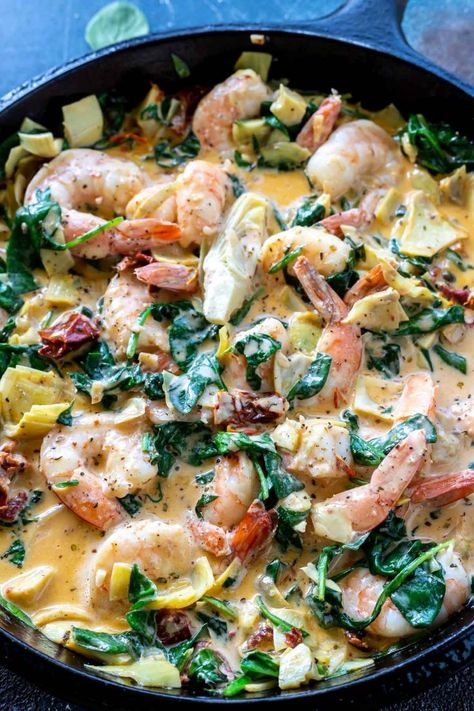 Shrimp Tuscan Pasta, Shrimp Artichoke Pasta, Shrimp Tuscan, Tuscan Shrimp Pasta, Dinner Recipes Shrimp, Shrimp And Spinach Recipes, Spinach Mushroom Pasta, Tuscan Shrimp, Shrimp Pasta Recipe