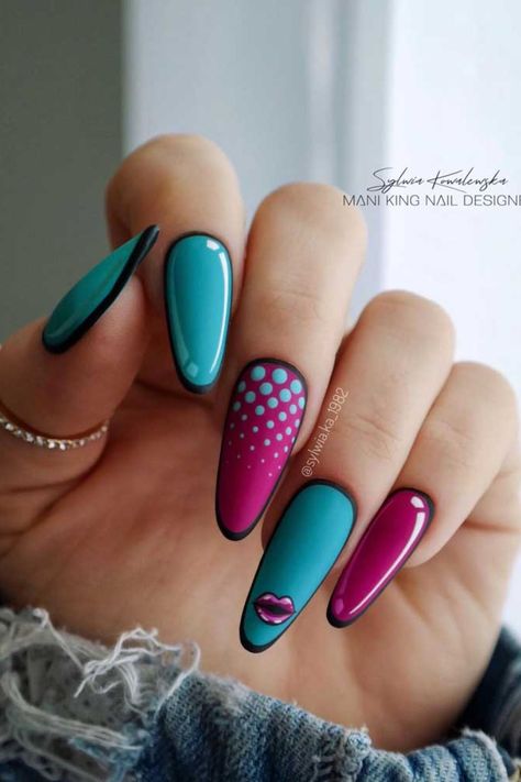 Book Nail Art, Pop Art Nails, Nail Work, Turquoise Nails, Nagellack Trends, Nagel Tips, Nail Design Ideas, Pink Nail, Nails Desing