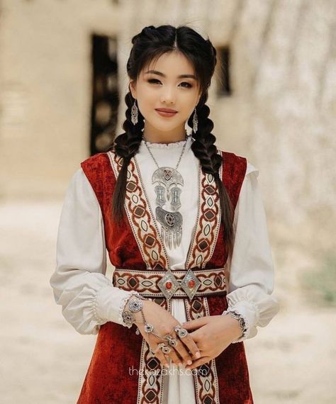 Kazakh girl in traditional attire Kazakh Clothing, Empire Outfit, World Aesthetic, Toys Barbie, Anime World, Ethno Style, National Clothes, National Dress, Traditional Attire