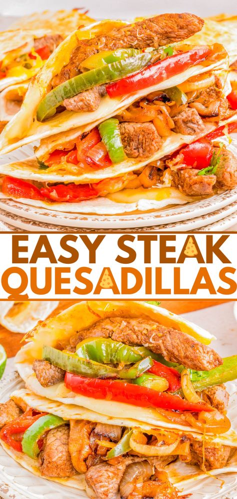 Steak Quesadillas - 🌮🥩🧀 Stuffed to the max with juicy strips of steak, peppers and onions, and plenty of melted cheese, these EASY quesadillas are a family FAVORITE! Serve them for a simple yet satisfying weeknight meal, at game day parties, or your next Cinco de Mayo fiesta! Faster and less expensive than going to your favorite Mexican restaurant and they taste every bit as AMAZING! Steak Stovetop, Quesadilla Steak, Steak Peppers And Onions, Easy Quesadillas, Steak Quesadilla Recipes, Steak Peppers, Steak Quesadillas, Easy Quesadilla, Steak Quesadilla