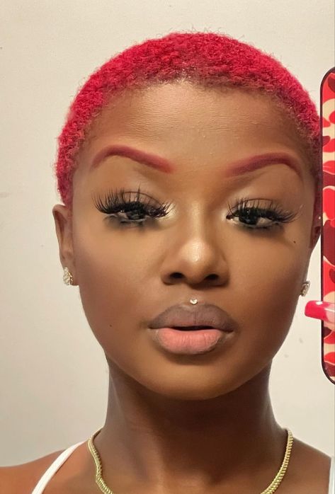 Red Haircut Black Women, Dyed Hair And Eyebrows, Red Eyebrows Black Women, Red Buzzcut Women, Red Dyed Hair Black Women, Red Twa Natural Hair, Red Twa, Short Bleached Hair, Hair Ideas For Women