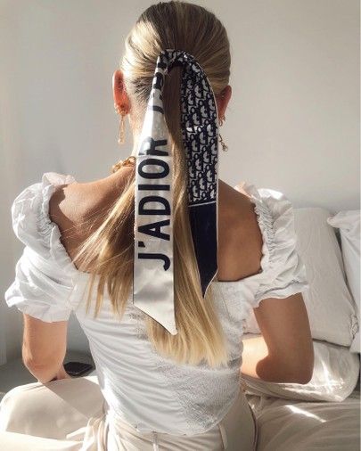 Hair Scarves ✨ Hair Twilly, Twilly Hair Styles, Dior Scarf Styling, Twilly Scarf Hair, Twilly Scarf In Hair, Dior Scarf Hair, Dior Twilly Scarf Outfit, Dior Headscarf, Dior Scarf Outfit