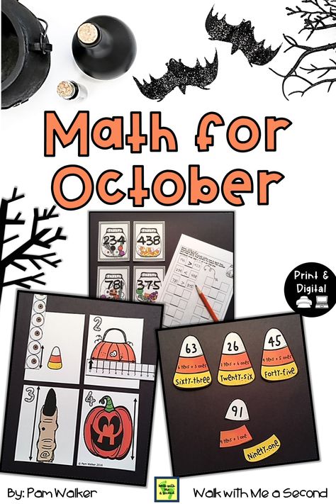 Enhance math lessons, rotations, centers, and Enhance math lessons, rotations, cenrers and workstations with seasonal tasks. This resource offers 5 math tasks on various skills and 7 worksheets for follow-up or practice. You'll get place value, measuring, fact work, and 2- and 3-digit addition and subtraction, plus games. It's available in printable or digital format in colored or black ink. It's not scary to make math fun, so shop for your resource now! Fun Math Lessons For 2nd Grade, October Math Activities, October Math Centers, October Math, Fall Math Activities, Second Grade Resources, Fall Math, Math Tasks, Halloween Math