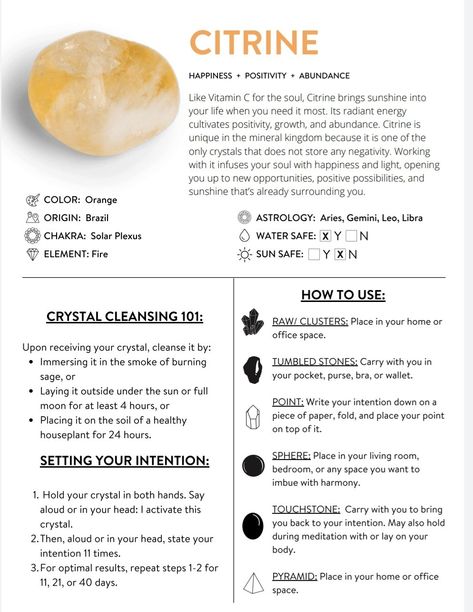 Citrine Crystal Meaning, Best Healing Crystals, Gemstones Chart, Crystal Healing Chart, Crystals For Manifestation, Crystals Healing Properties, Spiritual Crystals, Gemstone Meanings, Crystal Therapy