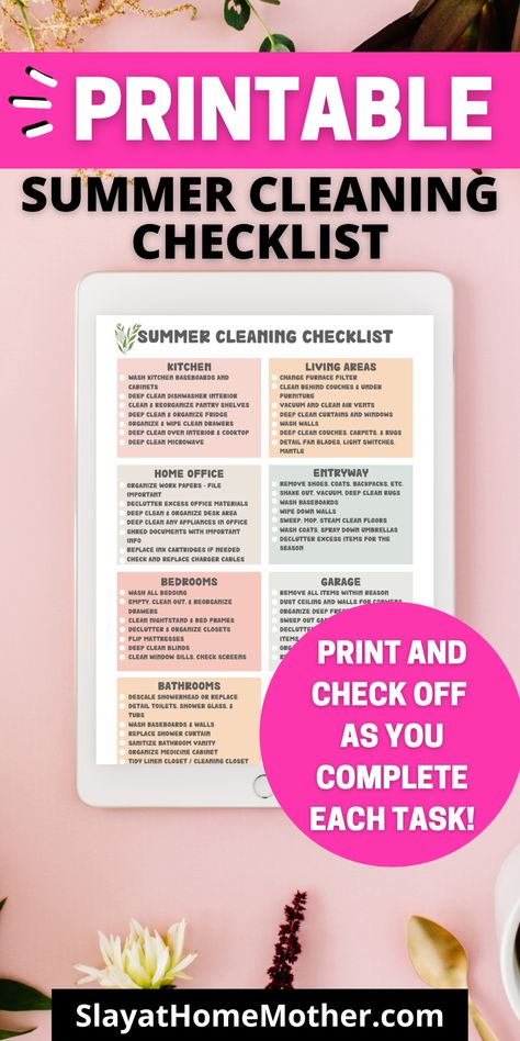 Print off this free checklist and dive into deep cleaning this summer! Features all of the home maintenance and cleaning tasks you need to keep your home clean, with chores divided up by room or area. #cleaningchecklists #slayathomemother #cleaning #deepcleaning Summer Deep Cleaning List, Summer Cleaning Checklist, Deep Cleaning Lists, Deep Clean Checklist, Cleaning Air Vents, Cleaning Checklists, Deep Cleaning Checklist, Summer Cleaning, Clean Mama