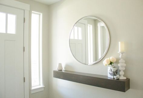 Ellen | FiveFootNineBlog on Instagram: “A little peak into our entryway! We spent weeks trying to find an entry table before we just decided to have this floating shelf custom…” Floating Entry Table, Hall Entrada, Piano Decor, Home Entryway, Entryway Design, Small Living Room Layout, White Wall Decor, Entry Way Design, Friday Favorites