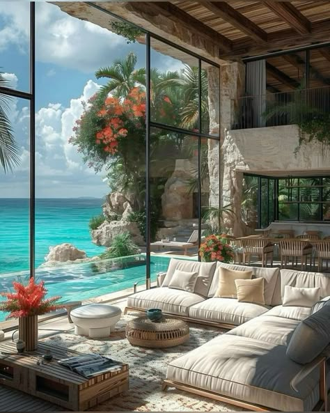 Island Home Interior, Tropical House Interior, Caribbean Style Homes, Living Room Wall Wallpaper, Luxury Beach House, Dream Beach Houses, Island House, Room With A View, Dream House Ideas