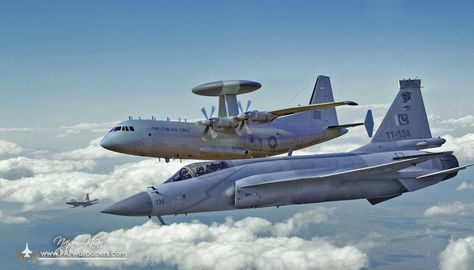 Karakoram Eagles & Thunders:  Pakistani JF-17 formation flying with ZDK-03 AEW&C 'Karakoram Eagle' aircraft.  PAF has received 3 out of 4 of such AEW&C systems from China. These are believe to be inter-linked with Mirages and F-7s, whereas as full  integration with JF-17 fleet is underway. Integration of JF-17 fleet with this system shall increase PAF's strength to multifolds. Jf17 Thunder, Pakistan Army, Military Helicopter, Military Equipment, Armored Vehicles, Military Aircraft, Armed Forces, Helicopter, Eagles