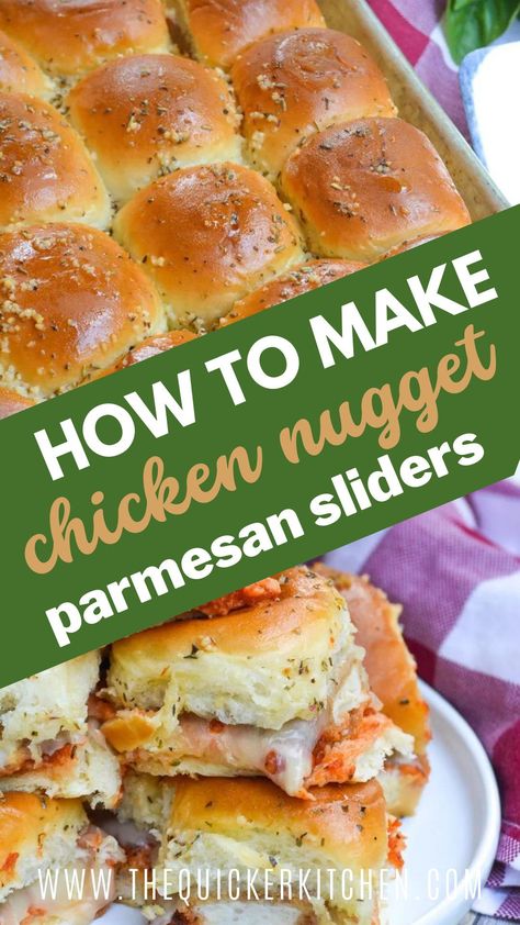 Sliders Chicken Parmesan, Things To Make With Chicken Nuggets, Hawaiian Roll Sliders Chicken Nuggets, Chicken Nugget Biscuit, Chicken Nugget Meals Dinners, Chicken Nugget Parmesan Sliders, Frozen Chicken Nugget Appetizers, Dino Nugget Chicken Parm, Chicken Parm Sliders Chicken Nuggets