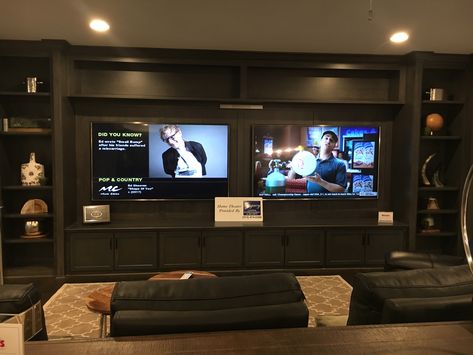 Media Room With Multiple Tvs, Double Tv Game Room, Multiple Tvs On Wall, Two Tvs In One Room Ideas, Multiple Tv Wall Ideas, Basement Design Layout, Basement Mancave, Paneled Room, Basement Tv Rooms