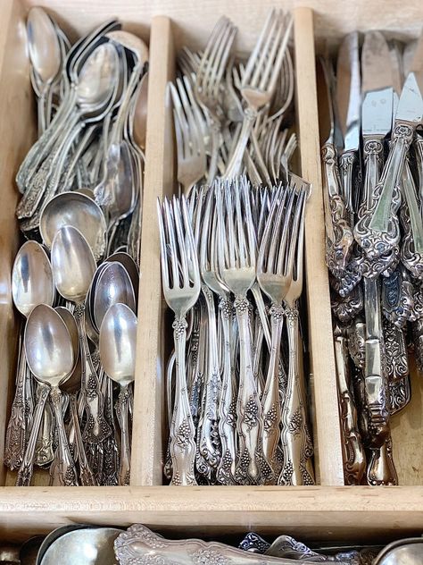 I shocked a lot of people when I stated that I use my sterling silver flatware every day. But that wasn't the most shocking part. Guess how I clean it every day? Entertainment Closet, Cleaning Suede, Suede Couch, Sterling Silverware, Antique Flatware, Mixing Metals, Flatware Patterns, How To Clean Suede, Sterling Flatware