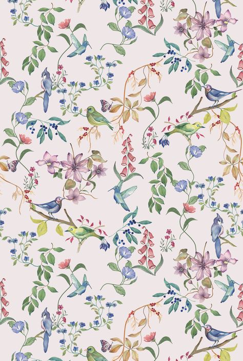 Wallpaper Backgrounds Birds, Print Scarf Design, Pattern Design Inspiration, Print Design Art, Wallpaper Fabric, Flowery Wallpaper, Textile Prints Design, Watercolor Floral Pattern, Birds And Flowers