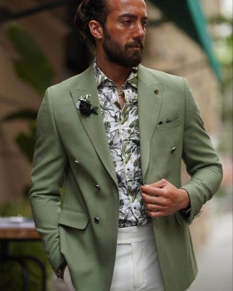 Double Breasted Green Blazer. Complete your casual and business casual outfits with this sleek blazer. #hollomen #blazers #shopnow #menstyle Men Spring Suits, Men’s Green Blazer Outfit, Garden Wedding Tuxedo, Formal Party Outfit Men, Light Green Suit Men, Green Mens Outfits, Colorful Wedding Suit, Mens Green Suit, Suit Color Combinations