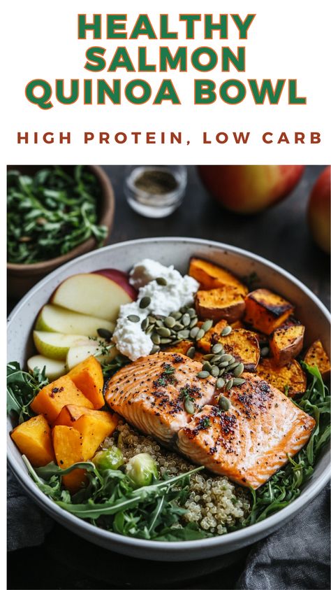 Fuel your day with this Healthy Salmon Quinoa Bowl! Packed with roasted sweet potatoes, crispy Brussels sprouts, fresh arugula, creamy goat cheese, and a tangy vinaigrette dressing, it’s a nutritious and flavorful meal. Perfect for lunch or dinner, this protein-rich bowl is a delicious way to eat clean and feel energized. 🥗🐟 #HealthyRecipes #QuinoaBowl #Salmon Autumn Harvest Quinoa Bowl, Salmon Kale Quinoa Bowl, Salmon Harvest Bowl, Salmon Arugula Recipes, Quinoa Recipes With Salmon, Salmon Power Bowl Recipes, Clean Salmon Recipes, Quinoa Shrimp Bowl, Salmon With Quinoa Recipe