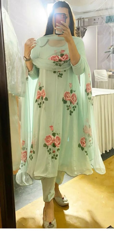 Hand Painted Suits Designs, Hand Painted Suits Punjabi, Paint Suit Design For Women, Painting With Embroidery, Frock Suit Design, Hand Painted Suits, Suit Painting, Painted Suits, Painting Dress