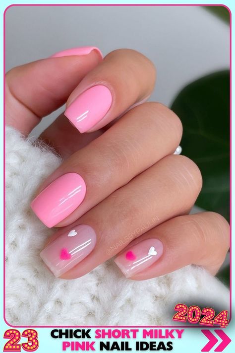 Sweet heart design square nails, short length. Gel material with glossy finish. Ideal for romantic dates or Valentine's Day. Keywords: short milky pink nails, heart design, square shape. Short Milky Pink Nails, Nails Heart Design, Pink Nails Heart, Square Nails Short, Milky Pink Nails, Pink Nail Ideas, Flamingo Nails, Cute Pink Nails, Milky Pink