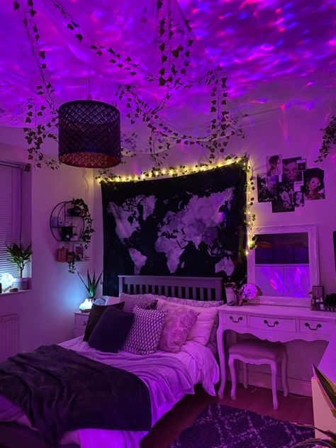 Led lights bedroom with vines and voile hanging from ceiling Aesthetic Purple Room, Purple Room Ideas, Purple Room, Neon Bedroom, Led Lighting Bedroom, Aesthetic Bedroom Ideas, Neon Room, Purple Rooms, Aesthetic Purple