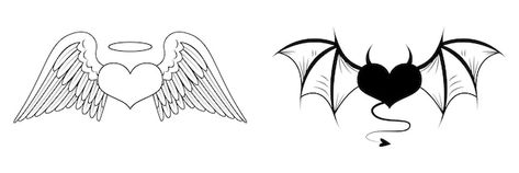 Halo And Horns Tattoo, Heart With Wings Drawing, Heart With Bat Wings, Heart With Horns, Tail Sketch, Lil Tattoos, Bleach Painting, Angel Y Diablo, Traditional Heart Tattoos