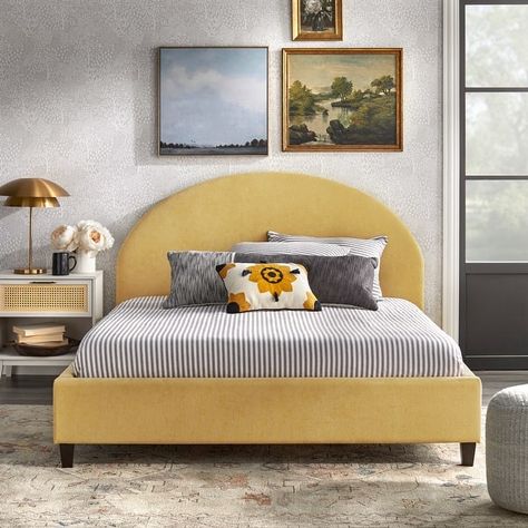 Rounded Headboard, Upholstered Queen Bed, Platform Bed Upholstered, Low Profile Platform Bed, Queen Upholstered Bed, Yellow Bedding, Curved Headboard, Queen Platform Bed, Inspire Me Home Decor