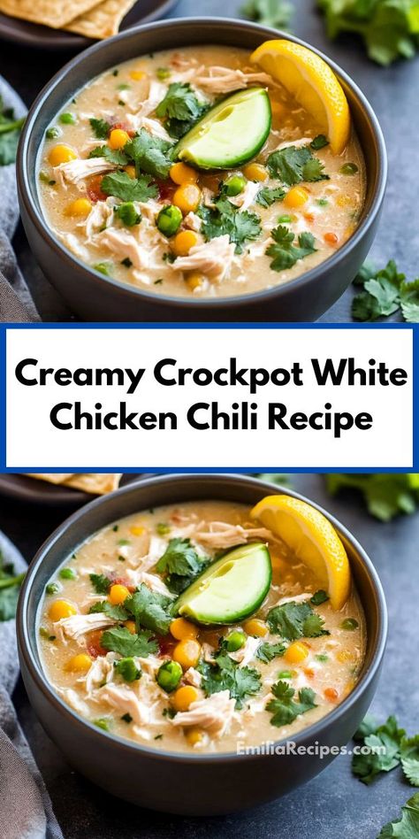 Looking for creamy chicken recipes? Try this Creamy Crockpot White Chicken Chili Recipe! Perfect for chicken crockpot recipes, it’s a flavorful option for crockpot meals and easy dinner ideas. White Chicken Chili Healthy, White Chicken Chili Slow Cooker, White Chicken Chili Recipe, Chicken Chili Crockpot, Slow Cooker Chicken Chili, Crockpot White Chicken Chili, Creamy White Chicken Chili, White Chili, White Chili Chicken Recipe