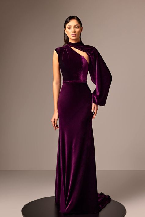 Her Trove - One sleeve velvet dress Long Velvet Dress Gowns, Gowns Dresses Velvet, Velvet Couture Gown, Velour Dress Velvet, Velvate Dress Design Gown, 2024 Evening Dress, Evening Dresses Long With Sleeves, Violet Velvet Dress, Velvet Wedding Guest Dress