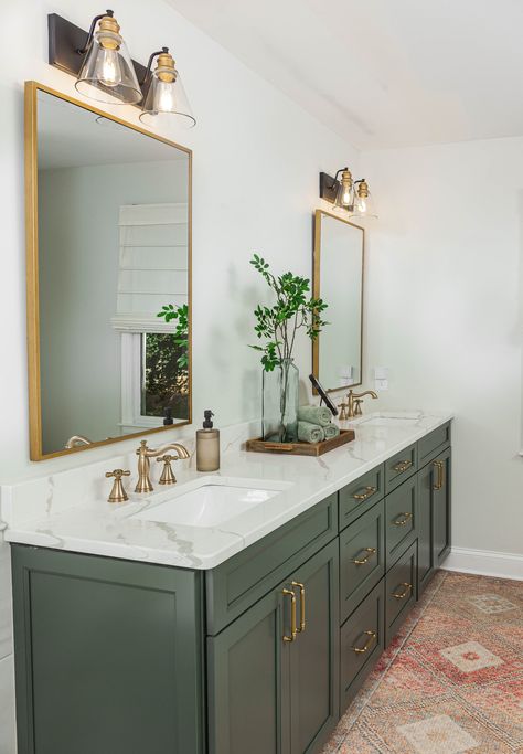 Green Cabinets Bathroom, Olive Green Bathrooms, Bathroom Cabinet Colors, Green Cabinet, Green Bathroom Vanity, Dark Green Bathrooms, Green Vanity, Kitchen And Bath Remodeling, Master Bath Remodel