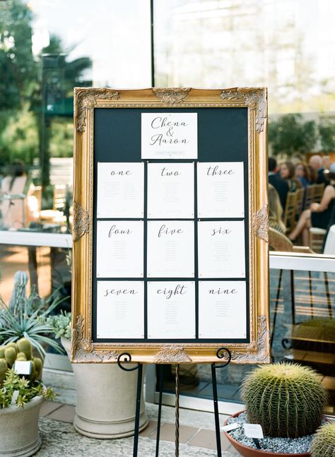 Seating Chart Wedding Ideas Picture Frame, Gold Picture Frame Seating Chart, Diy Frame Seating Chart, Seating Chart In Frame, Picture Frame Seating Chart Wedding, Gold Frame Seating Chart, Picture Frame Seating Chart, Frame Seating Chart, Hanging Potted Plants