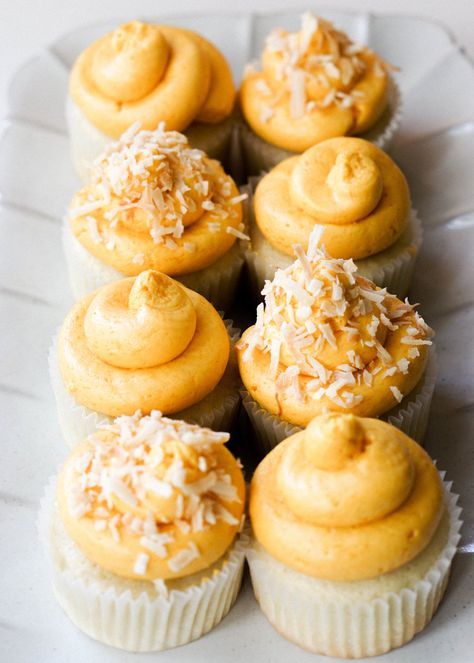 Coconut Cupcakes with Mango Buttercream — Eat Cho Food Mango Buttercream, Coconut Cupcakes, Gourmet Cupcakes, Dessert Cupcakes, Cake Flavors, Cupcake Ideas, Baking Ideas, Cup Cakes, Cupcake Recipes