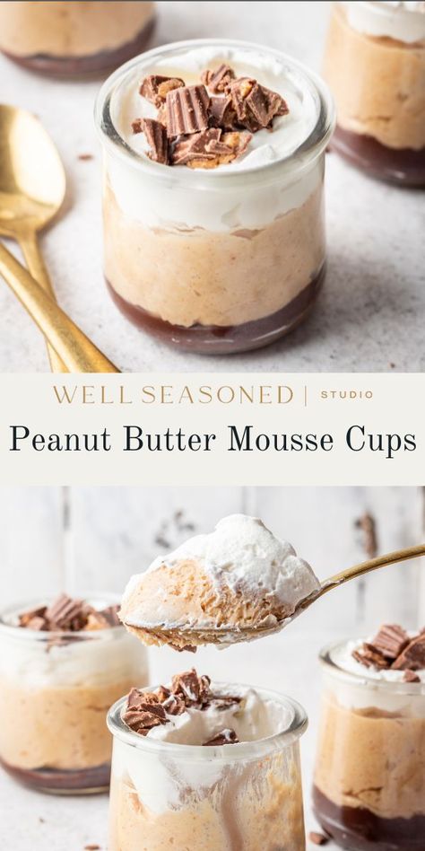 Our Peanut Butter Mousse Cups with chocolate ganache and homemade whipped cream are the perfect rich and creamy dessert to cool off on warm days. Top them with chopped peanut butter cups, chocolate shavings, or crushed peanuts. With just 15 minutes of prep time, these are easy to make and even easier to enjoy! Allow the mousse to chill for at least 1 hour before serving for best texture. GF #wellseasonedstudio #peanutbutter #mousse #chocolateganache Mousse Recipes Easy, Whipped Cream Desserts, Mousse Cups, Dessert Cups Recipes, Parfait Desserts, Peanut Butter Mousse, Mousse Dessert, Peanut Butter Desserts, Mousse Recipes