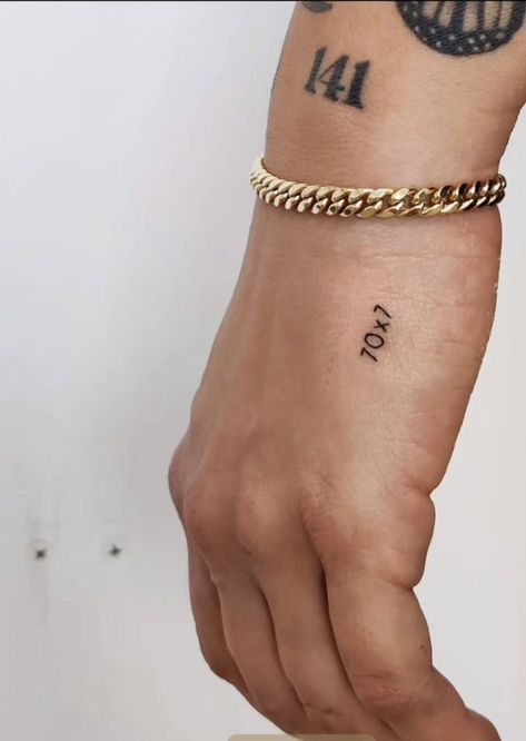 Tiny Biblical Tattoos For Women, 70x7 Tattoo Design, Discernment Tattoo, Forgive Tattoo Ideas, Minimalist Jesus Tattoo, Yahweh Tattoo Ideas, 70x7 Forgiveness Tattoo, Simplistic Christian Tattoos, Yaweh Tattoos