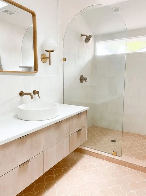 A modern neutral bathroom clad with white Zellige and scallop terracotta tile, a stained vanity, a shower space and a mirror Beige White Pink Bathroom, Scallop Bathroom Tile, Terracotta Walls Bathroom, White And Terracotta Bathroom, Modern Terracotta Bathroom, Glazed Tile Bathroom, Salmon Pink Bathroom, Full Tiled Bathroom Walls, Colorful Tile Bathroom