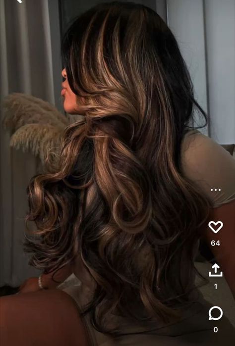 Honey blonde highlights on black women- Honey blonde highlights- Balayage hair- Long hairstyles black women Wavy Hair, Black Hair, A Woman, Highlights, Blonde, Angel, Hairstyles, Hair, Black