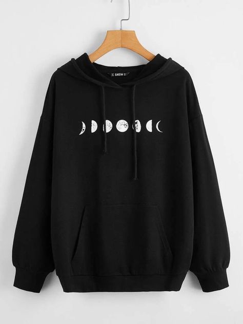 Naruto Jewelry, Moon Clothing, Stylish Hoodies, Fall Fit, Kangaroo Pocket Hoodie, Moon Print, Printed Drawstring, Drawstring Hoodie, Teenage Fashion Outfits