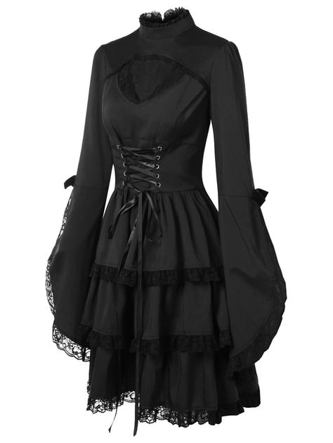 Cut Out Lace Trim Vintage Dress - Vampire Outfits, Black Dress Elegant, Witchy Dress, Steampunk Dress, Witch Dress, Basic Witch, Vampire Costume, Gothic Dress, Grunge Goth