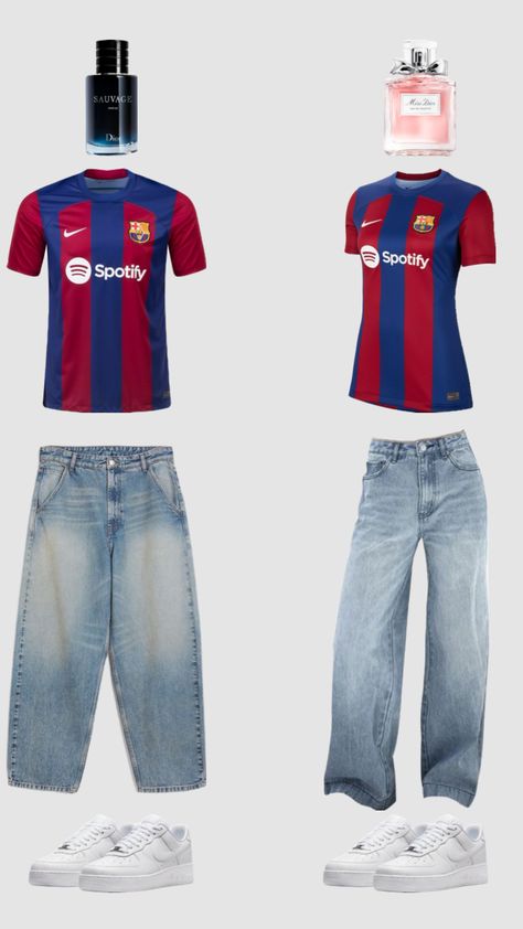 Barcelona Jersey Outfit, Barca Outfit, Vintage Barcelona, Barcelona Jersey, Street Style Outfits Casual, Football Jersey Outfit, Couple Matching Outfits, Barcelona Fc, Jersey Outfit