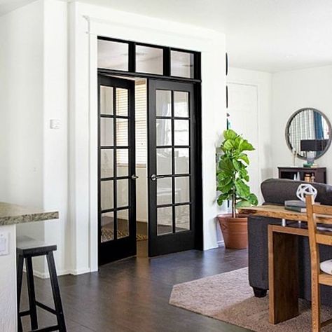 I can't stop staring at this gorgeous DIY transom and black French doors from one of our besties, @pneumaticaddict! She is an insanely talented builder and her home is gorgeous! Follow her at @pneumaticaddict! Don't forget to use #myclassyclutter for a chance to be featured! #ccfaves Black French Doors Interior, French Doors With Transom, Office French Doors, French Door Interior, Black French Doors, Installing French Doors, Transom Window, Glass Doors Patio, Interior French Doors