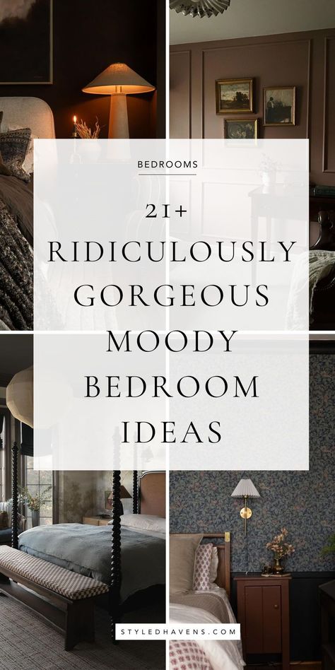 Searching for moody romantic bedroom inspo? It's no secret dark bedroom designs are trending in 2024, and these moody bedroom spaces are a MUST-SEE when it comes to bedroom design and bedroom style. (SAVE to your bedroom ideas board for when you're ready to plan your dream space!) Tone On Tone Bedroom Ideas, Master Room Bed Design Ideas, Wood Tone Bedroom Ideas, Moody Guest Room Ideas, Bold Neutral Bedroom, Dark Cozy Master Bedrooms Decor, Small Academia Bedroom, Brightening A Dark Room, Moody Primary Bedroom Ideas