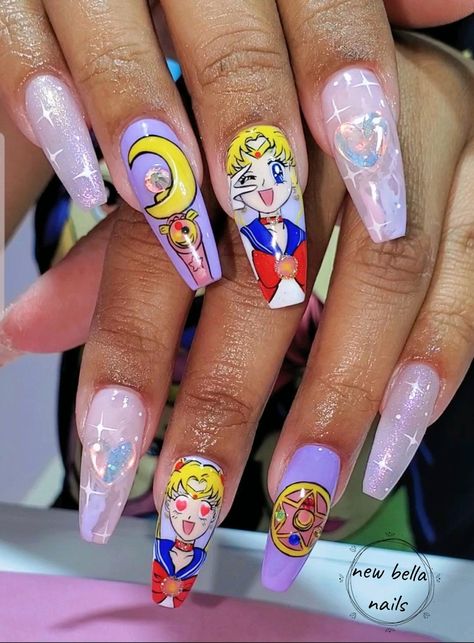 Uñas Sailor Moon, Sailor Moon Nail Art, Sailor Moon Nails, Disney Acrylic Nails, Moon Manicure, Mickey Nails, Nail Tip Designs, Moon Nails, Anime Nails