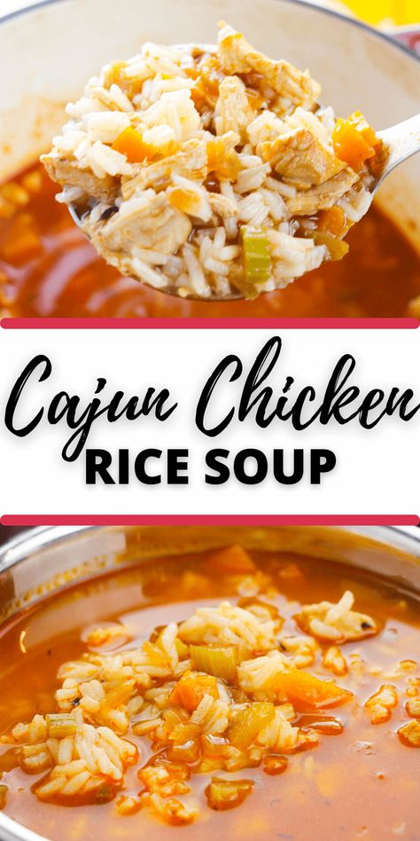 Cajun Chicken and Rice Soup is a delicious, slow-cooked chicken and rice dish that’s especially tasty with a sprinkling of Cajun spices. Creole Chicken Soup, Spicy Chicken Rice Soup, Louisiana Soup Recipes, Cajun Chicken Soup Recipes, Cajun Chicken And Rice Soup, Soup With Chicken And Rice, Creamy Cajun Soup, Cajun Soups And Stews, Cajun Ground Beef Recipes