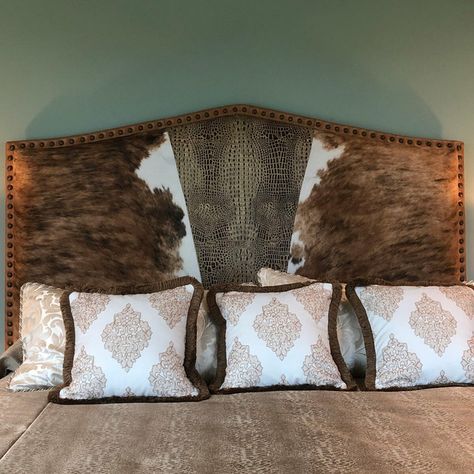 Cowhide Headboard, Western Style Bedroom, Leather Bedroom Furniture, Copper Bedroom, Brown Headboard, Leather Bedroom, Pine Bedroom Furniture, Western Bedroom Decor, Western Bedding