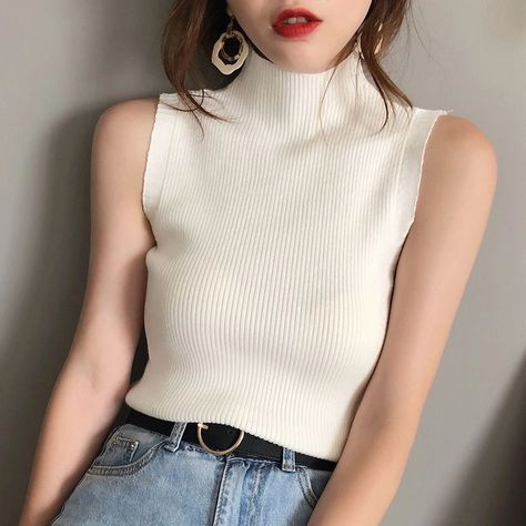 Gwendolyn Mock-Turtleneck Sleeveless Ribbed Knit Top | YesStyle Turtle Neck Sleeveless Outfit, Sleeveless Mock Neck Top Outfits, Turtleneck Sleeveless Outfit, Mock Neck Top Outfit, Sleeveless Turtleneck Outfit, Turtle Neck Sleeveless Top, Sleeveless Top Outfit, Turtleneck Outfits, Turtle Neck Sleeveless