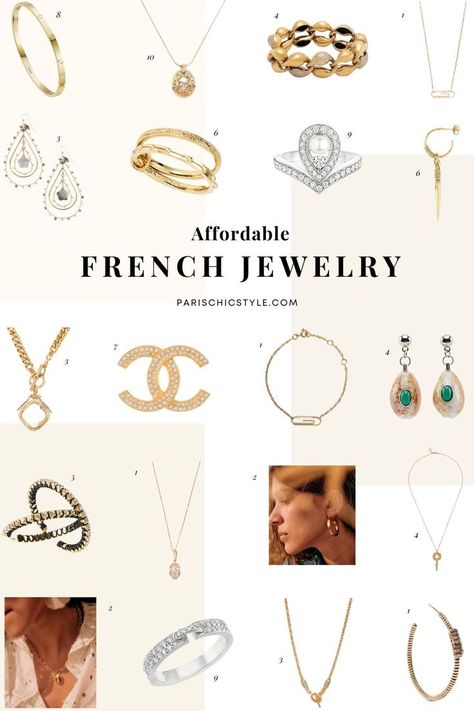 Best French jewelry brands & affordable Parisian luxury jewelry: Aurélie Bidermann Jewelry, Gas Bijoux St Tropez Jewelry, Chaumet Paris, Sezane Parisian Jewelry, Maje Paris Jewelry, Ba&sh Parisian Jewelry, Chloe Paris, Cartier, Christian Dior Jewelry, Chanel Paris. Crafted in France with top-quality materials, including diamonds, gold, & silver. Chic & minimalist jewelry for everyday wear, travel, work & special occasion. Paris Chic Style #frenchjewelry #parisianjewelry #parischicstyle #travel Cheap Jewelry Website, Paris Chic Style, French Jewelry Style, Parisian Luxury, Parisian Jewelry, French Lady, Nature Inspired Accessories, Paris Jewelry, Box For Jewelry