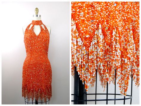 Orange Sequin Dress, Beaded Party Dress, Sparkly Outfits, Embellished Cocktail Dress, Naeem Khan, Sequin Party Dress, Fringe Dress, Beaded Fringe, Beaded Dress